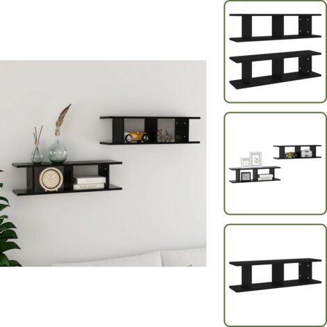The Living Store Estante de pared 2 uds madera contrachapada negro 75x18x20 cm - Estantería de madera