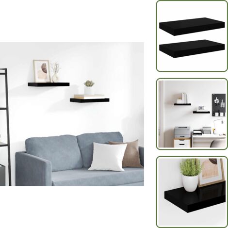 The Living Store Estante flotante de pared 2 uds MDF negro brillo 40x23x3,8 cm - Estantería flotante
