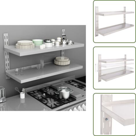 The Living Store Estantería pared flotante 2 niveles acero inoxidable 120x30 cm - Estantería de cocina