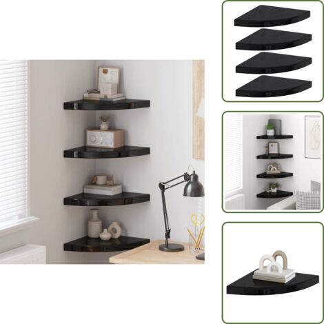 The Living Store Estantes flotantes esquina 4 uds MDF negro brillo 35x35x3,8 cm - Estantes flotantes