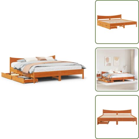 The Living Store Estructura cama con cajones madera pino marrón cera 200x200 cm - Estructura de cama