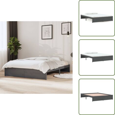 The Living Store Estructura cama doble sin colchón madera maciza gris 135x190 cm - Estructura de cama