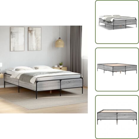 The Living Store Estructura cama madera ingeniería metal gris Sonoma 135x190 cm - Estructura de cama