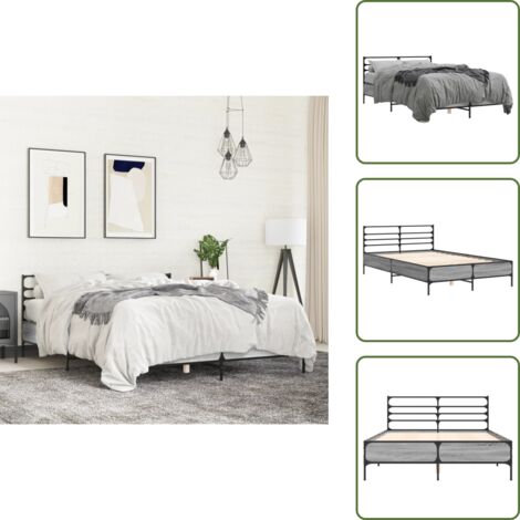 The Living Store Estructura cama madera ingeniería metal gris Sonoma 135x190 cm - Estructura de cama