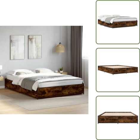 The Living Store Estructura cama madera ingeniería metal roble ahumado 120x190cm - Estructura de cama