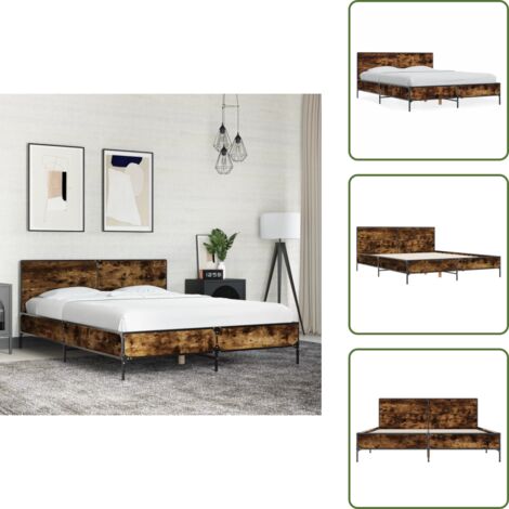 The Living Store Estructura cama madera ingeniería metal roble ahumado 120x200cm - Estructura de cama