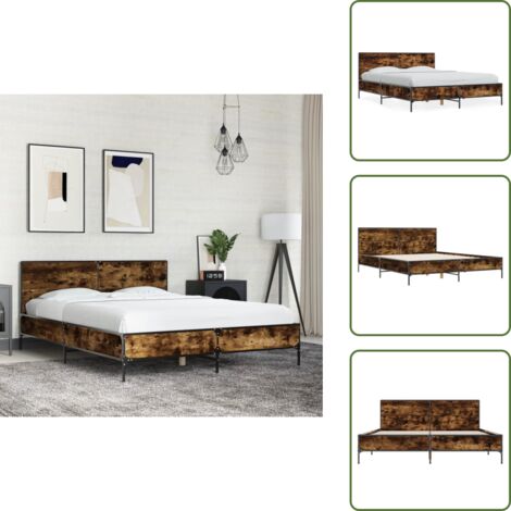 The Living Store Estructura cama madera ingeniería metal roble ahumado 140x200cm - Estructura de cama