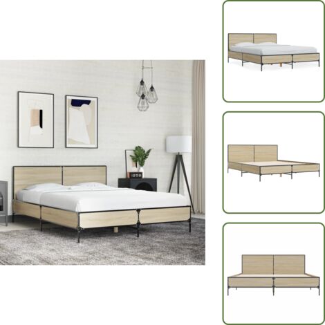 The Living Store Estructura cama madera ingeniería metal roble Sonoma 120x190 cm - Estructura de cama