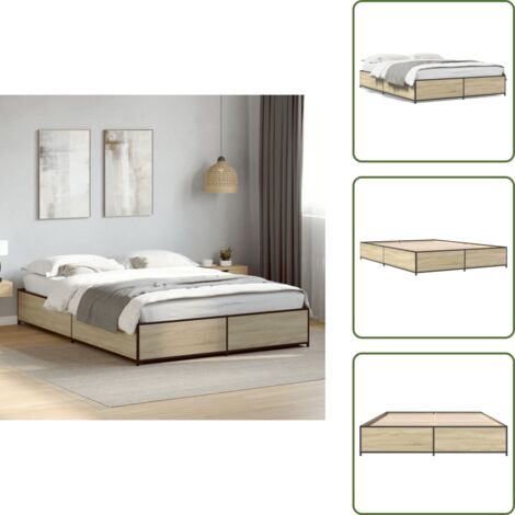 The Living Store Estructura cama madera ingeniería metal roble Sonoma 120x190 cm - Estructura de cama