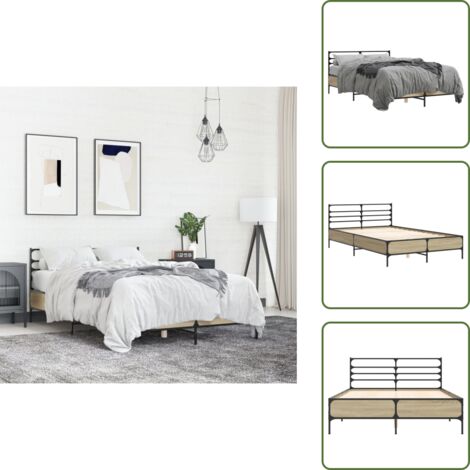 The Living Store Estructura cama madera ingeniería metal roble Sonoma 120x200 cm - Estructura de cama