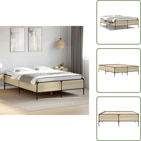 The Living Store Estructura cama madera ingeniería metal roble Sonoma 135x190 cm - Estructura de cama