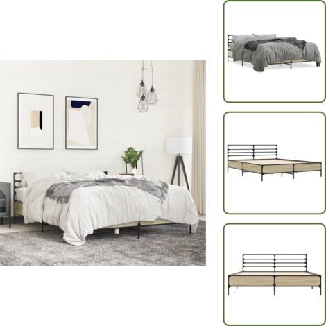 The Living Store Estructura cama madera ingeniería metal roble Sonoma 160x200 cm - Estructura de cama