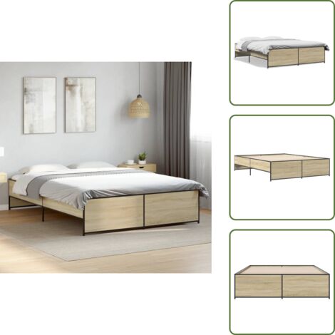 The Living Store Estructura cama madera ingeniería metal roble Sonoma 160x200 cm - Estructura de cama