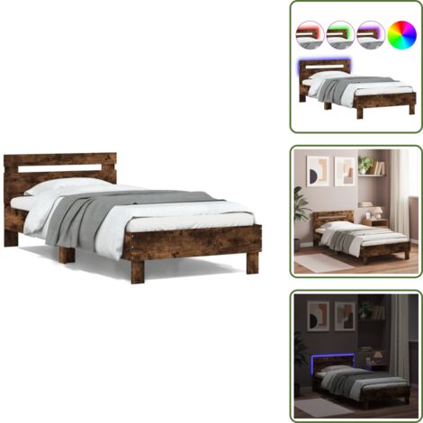 The Living Store Estructura de cama cabecero luces LED roble ahumado 100x200 cm - Luces LED