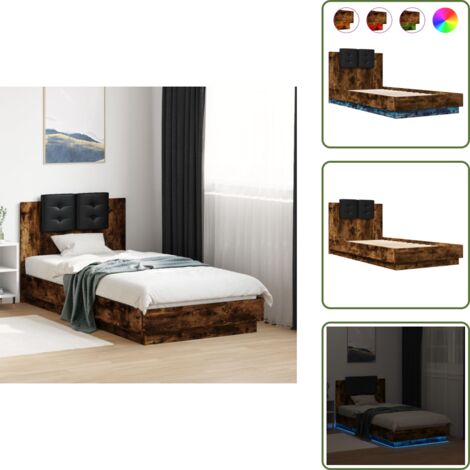 The Living Store Estructura de cama cabecero luces LED roble ahumado 90x190 cm - Luces LED