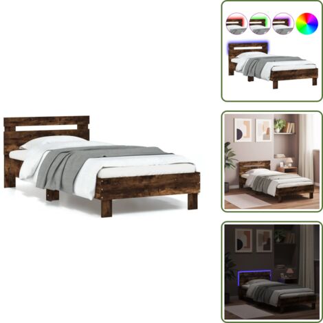 The Living Store Estructura de cama cabecero luces LED roble ahumado 90x190 cm - Luces LED