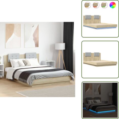 The Living Store Estructura de cama cabecero luces LED roble Sonoma 140x200 cm - Luces LED