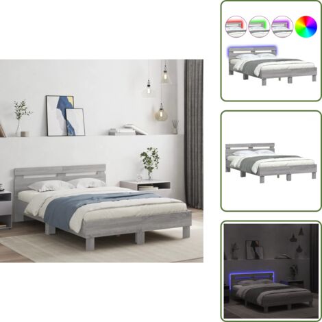 The Living Store Estructura de cama cabecero y luces LED gris Sonoma 135x190 cm - Estructura de cama