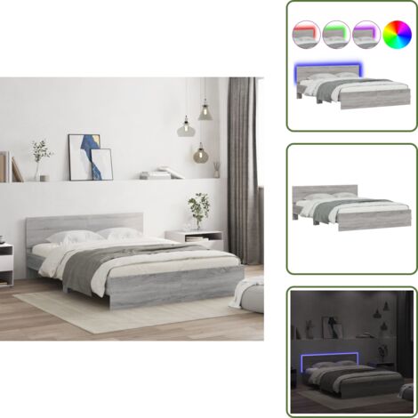 The Living Store Estructura de cama cabecero y luces LED gris Sonoma 160x200 cm - Estructura de cama