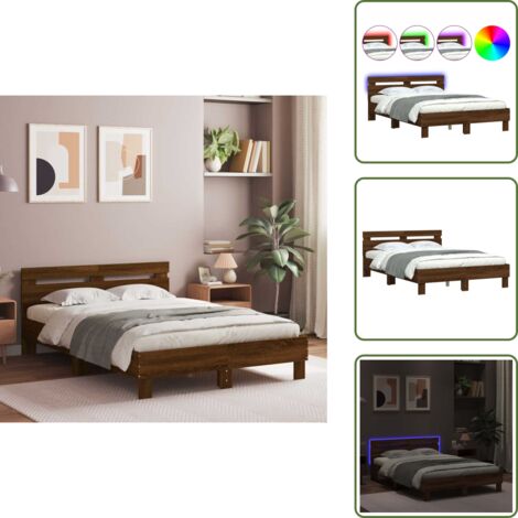 The Living Store Estructura de cama cabecero y luces LED marrón roble 135x190 cm - Estructura de cama