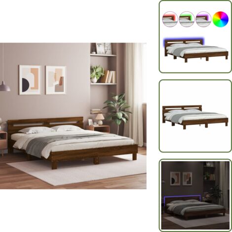 The Living Store Estructura de cama cabecero y luces LED marrón roble 180x200 cm - Estructura de cama