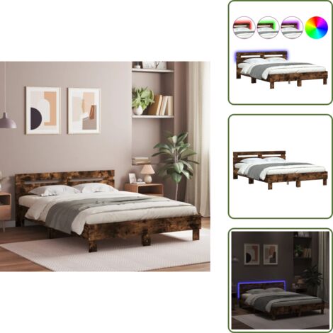 The Living Store Estructura de cama cabecero y luces LED roble ahumado 150x200cm - Estructura de cama