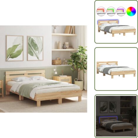 The Living Store Estructura de cama cabecero y luces LED roble Sonoma 135x190 cm - Estructura de cama