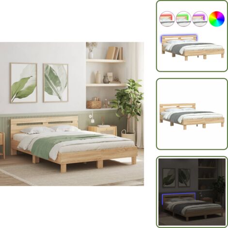The Living Store Estructura de cama cabecero y luces LED roble Sonoma 150x200 cm - Estructura de cama