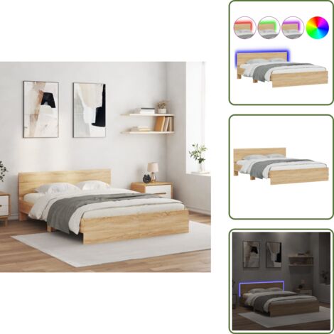 The Living Store Estructura de cama cabecero y luces LED roble Sonoma 150x200 cm - Estructura de cama