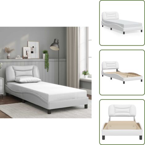 The Living Store Estructura de cama sin colchón Hvar cuero sintético blanco 90x190 cm - Cabecero de cama