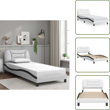 The Living Store Estructura de cama sin colchón Hvar cuero sintético blanco negro 90x200 cm - Cabecero de cama