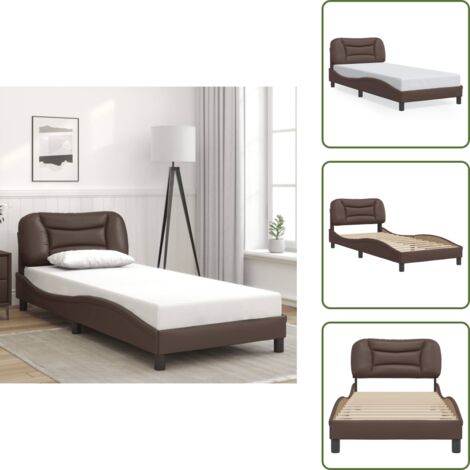 The Living Store Estructura de cama sin colchón Hvar cuero sintético marrón 90x200 cm - Cabecero de cama