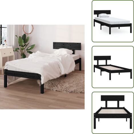 The Living Store Estructura de cama sin colchón madera maciza negro 90x200 cm - Estructura de cama