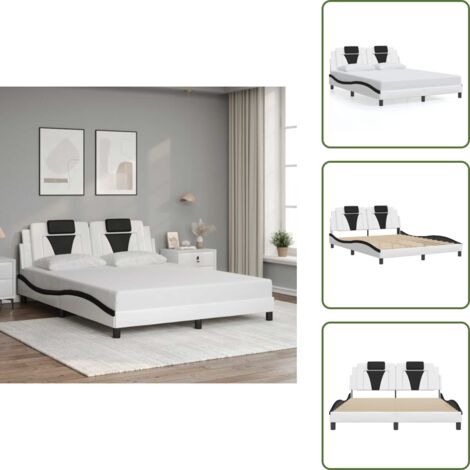 The Living Store Estructura de cama Viana sin colchón cuero sintético blanco negro 160x200cm - Cabecero de cama
