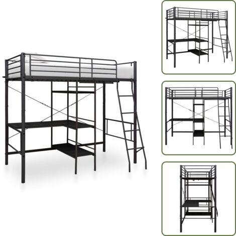The Living Store Estructura de litera con mesa de metal negro 90x200 cm - Litera con mesa