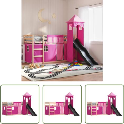 The Living Store Etagenbett mit Rutsche und Gardinen Rosa 90x190 cm - Kinderhochbett - Holzbett - Etagenbett - Loftbett - Jugendzimmermöbel