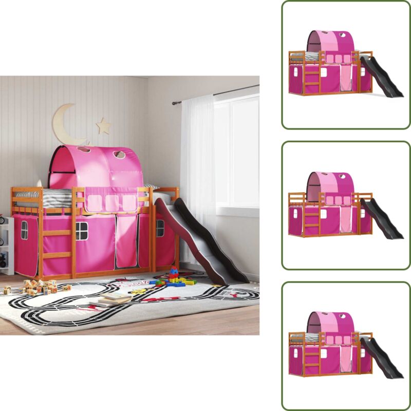 Vidaxl Etagenbett Mit Rutsche Und Gardinen Rosa 90x200 Cm - Kinderhochbett - Etagenbett - Hochbett Mit Rutsche - Jugendzimmermöbel - Holzbett - The Living