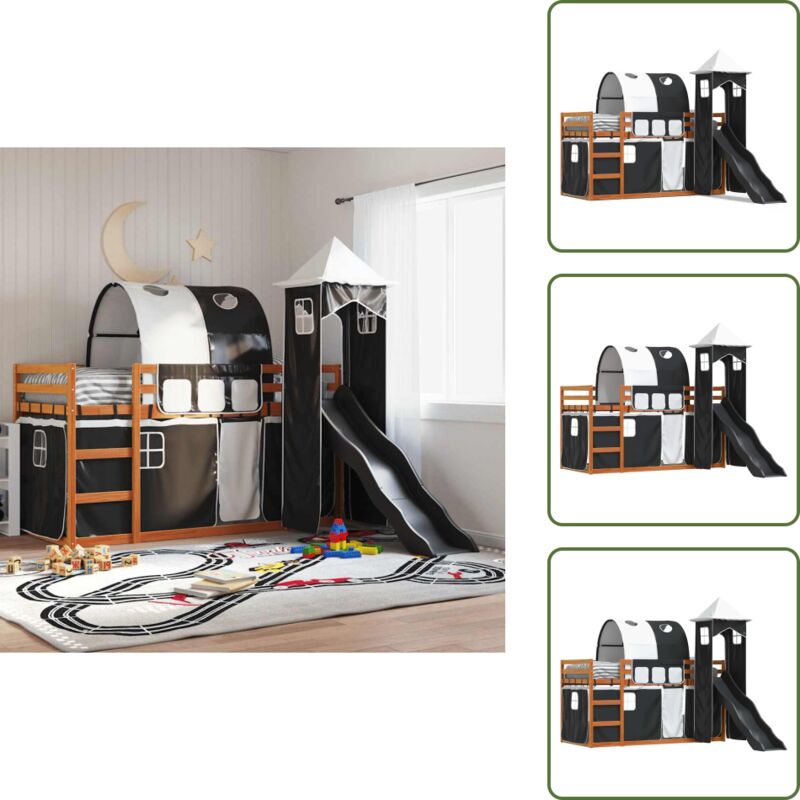 Vidaxl Etagenbett Mit Rutsche Und Gardinen Weiß Und Schwarz 90x200 Cm - Kinderhochbett - Holzbetten - Kiefernholzbett - Etagenbett Mit Rutsche -