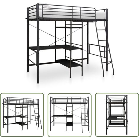The Living Store Etagenbett mit Tischrahmen Schwarz Metall 90x200 cm - Kinderbett - Jugendbett - Etagenbett - Doppelbett - Schlafsystem