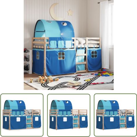 The Living Store Etagenbett mit Vorhängen Blau 90x190 cm Massivholz Kiefer - Kinderzimmermöbel - Hochbett - Etagenbett - Jugendzimmer - Holzbett