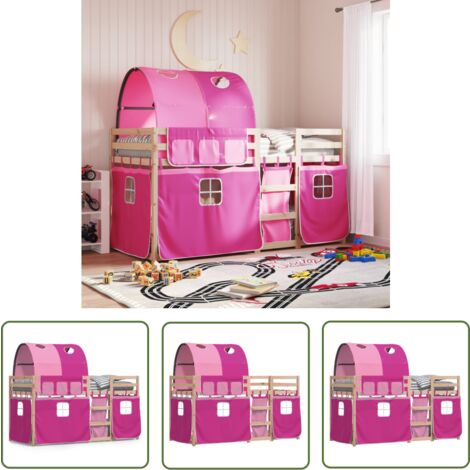 The Living Store Etagenbett mit Vorhängen Rosa 80x200 cm Massivholz Kiefer - Kinderzimmermöbel - Hochbett - Etagenbett - Jugendzimmer - Holzbett