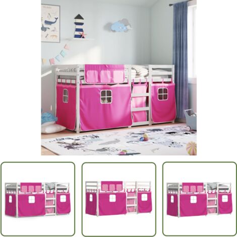 The Living Store Etagenbett mit Vorhängen Rosa 80x200 cm Massivholz Kiefer - Kinderzimmermöbel - Hochbett - Etagenbett - Jugendzimmer - Holzbett