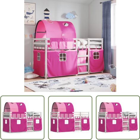 The Living Store Etagenbett mit Vorhängen Rosa 90x200 cm Massivholz Kiefer - Kinderzimmermöbel - Etagenbett - Hochbett - Jugendzimmer - Weißes Etagenbett