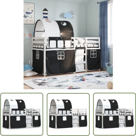 The Living Store Etagenbett mit Vorhängen Weiß & Schwarz 80x200 cm Kiefernholz - Kinderzimmermöbel - Etagenbett - Hochbett - Jugendzimmer - Holzbett