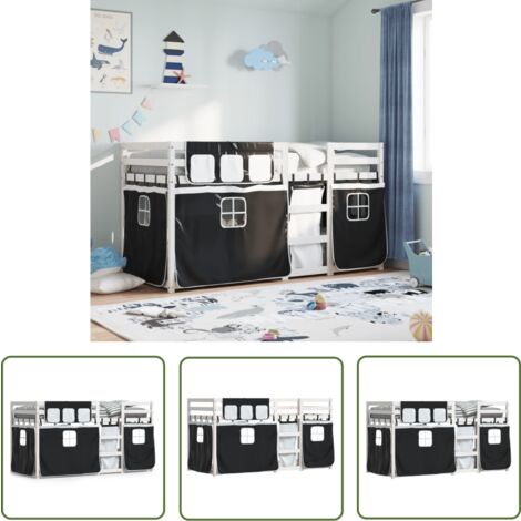 The Living Store Etagenbett mit Vorhängen Weiß & Schwarz 80x200 cm Kiefernholz - Kinderzimmermöbel - Hochbett - Etagenbett - Jugendzimmer - Schlafsofa