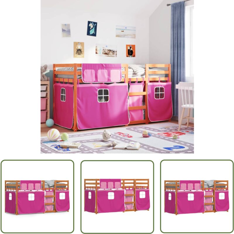 Vidaxl The Living Store Etagenbett Mit Vorhängen Rosa 90x200 Cm Massivholz Kiefer - Kinderzimmermöbel - Hochbett - Etagenbett - Jugendzimmer - Holzbett