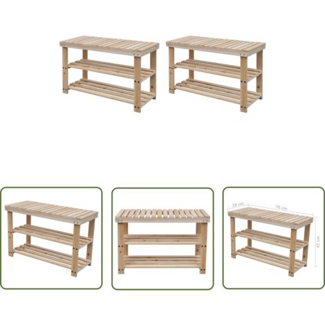 The Living Store Étagère à chaussures 2 en 1 avec dessus banc 2 pcs Bois massif - Étagère À Chaussures - Meuble Entrée - Rangement Chaussures - Organiseur Chaussures - Étagère Bois