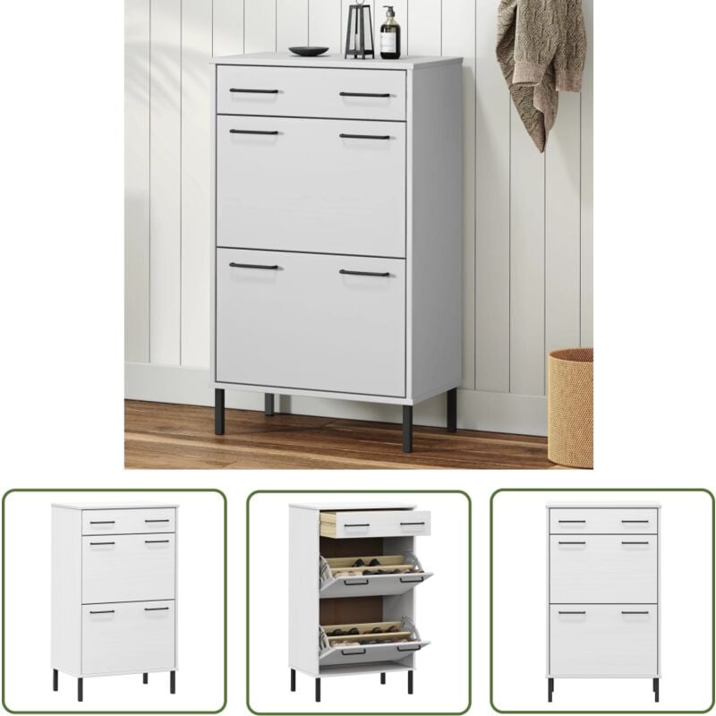 The Living Store Étagère à chaussures et pieds en métal Blanc Bois de pin OSLO - Meuble Range Chaussure - Étagère Chaussures - Rangement Chaussures