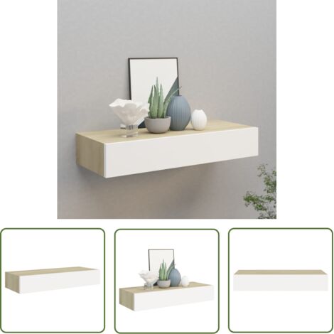 The Living Store Étagère à tiroir murale chêne et blanc 60x23,5x10 cm MDF - Étagère Murale - Étagère À Tiroir - Rangement Mural - Meuble Déco - Bibliothèque Murale