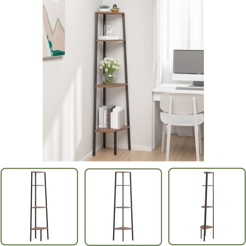 Devenirriche - The Living Store Étagère d'angle 4 niveaux Marron foncé et noir 45,5x31,5x150 cm - Bibliothèque D'angle - Étagère Murale - Rangement